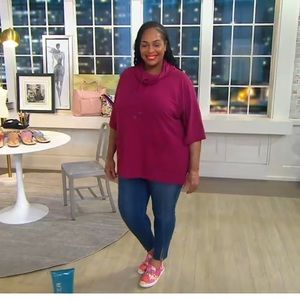 Isaac Mizrahi Live! French Terry Poncho with Pockets, Sangria  A390346